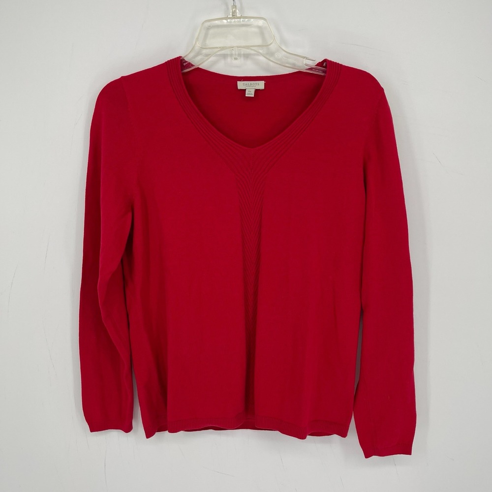 Talbots Women's Red V-Neck Ribbed Trim Cotton Pullover Sweater Size MP Petite
